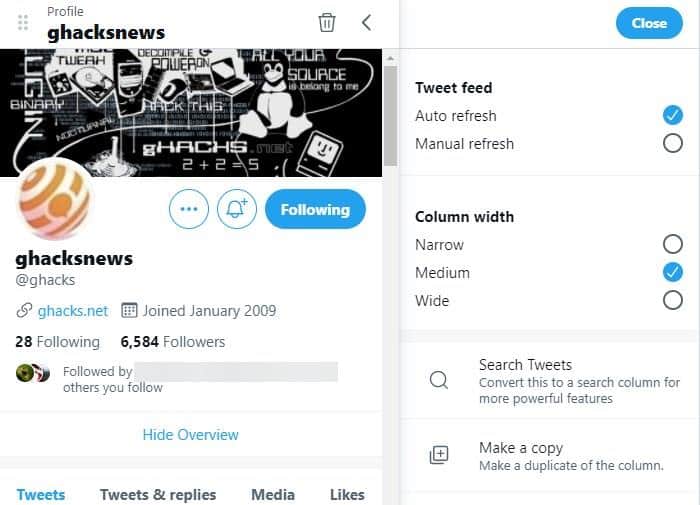 Tweetdeck interface firefox enable ghacks Twitter tweetdeck new preview force legacy apis