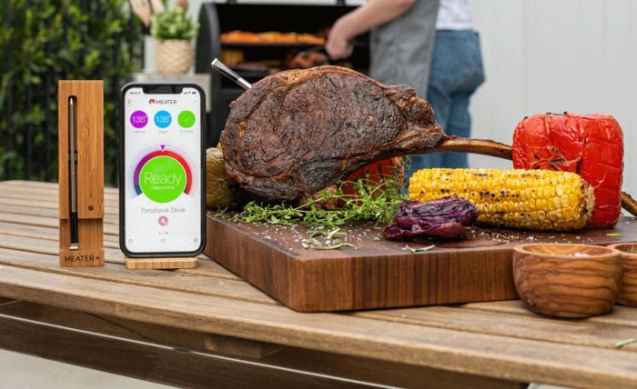 Meater thermometer smart meat smoker wireless review bbq kitchen meal cook perfect bluetooth oven rotisserie grill wifi connectivity range digital Is the meater smart thermometer a pun i cant tell but the deluxe 4 probe version is 35 off
