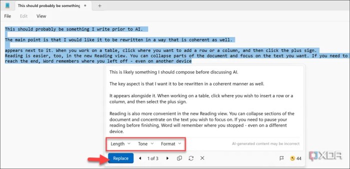 Microsoft notepad ai text editing rewrite
