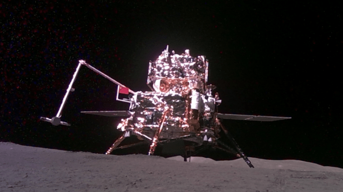 Moon chang lunar lander sample probe spacecraft return exploration successfully ascent artist mission carrying snagging lifting cgtn heats China national space administration change 4 lander moon landing footage