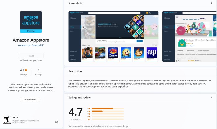 Amazon appstore android apps windows 11 public preview