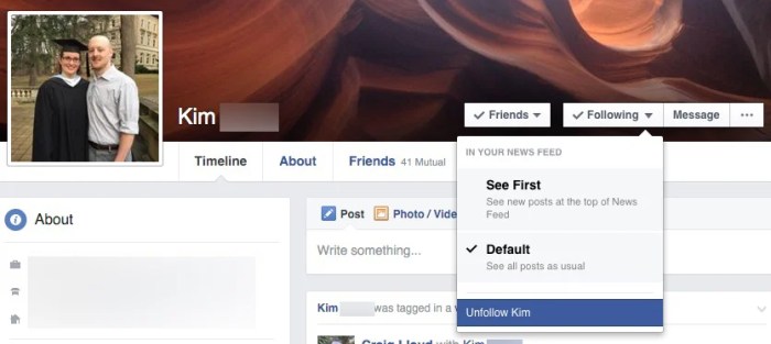 Friends facebook unfollow button seeing stop posts how unfriending without them select tap alternatively options following can