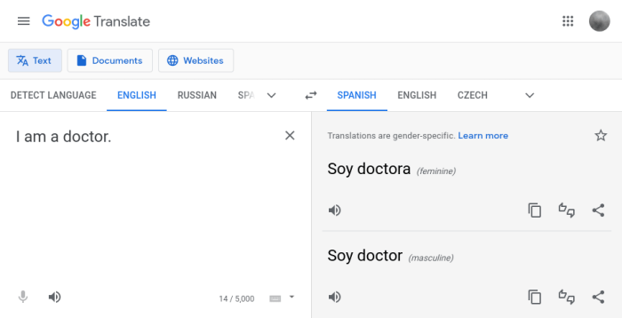 Google translate gender specific translations languages