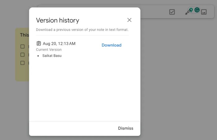 Google keep app formatting version history