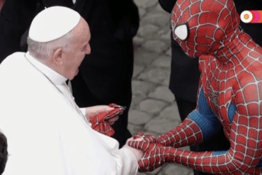 Spider man swings into the vatican to meet pope francis