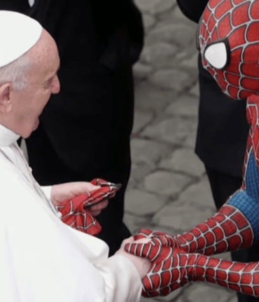 Spider man swings into the vatican to meet pope francis