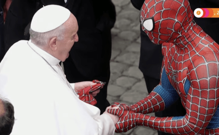 Spider man swings into the vatican to meet pope francis
