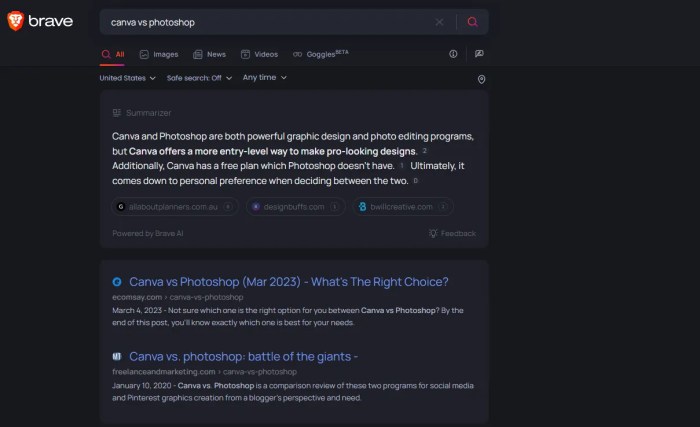 Brave search engine apply custom rankings filters goggles